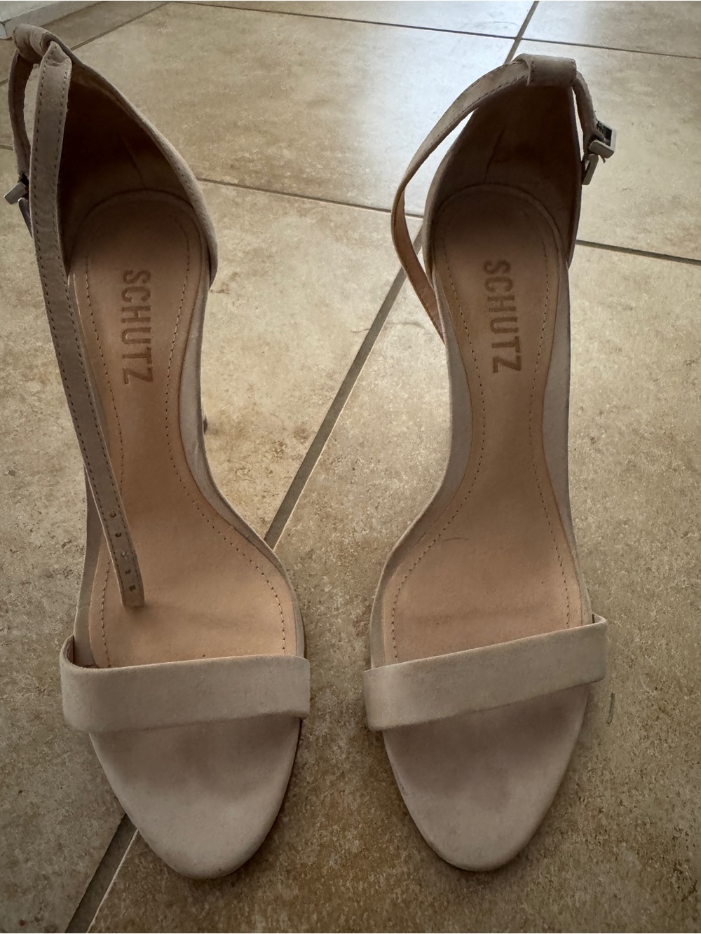 SCHUTZ Nude Suede Single-Strap Ankle-Heels